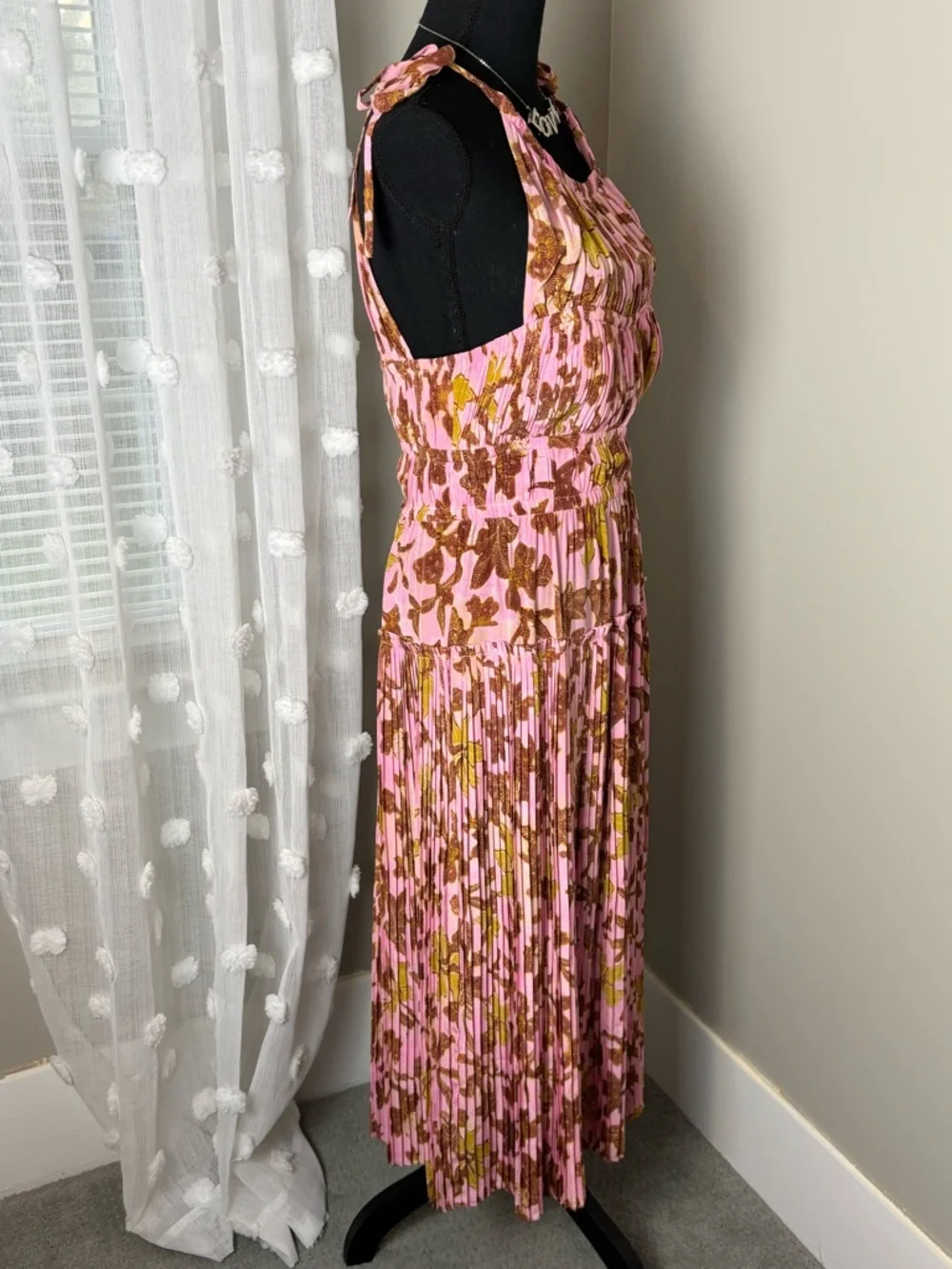 Ulla Johnson Amalthea 100% Silk Pink and Brown‎ Floral Pleated Midi Dress Size 4